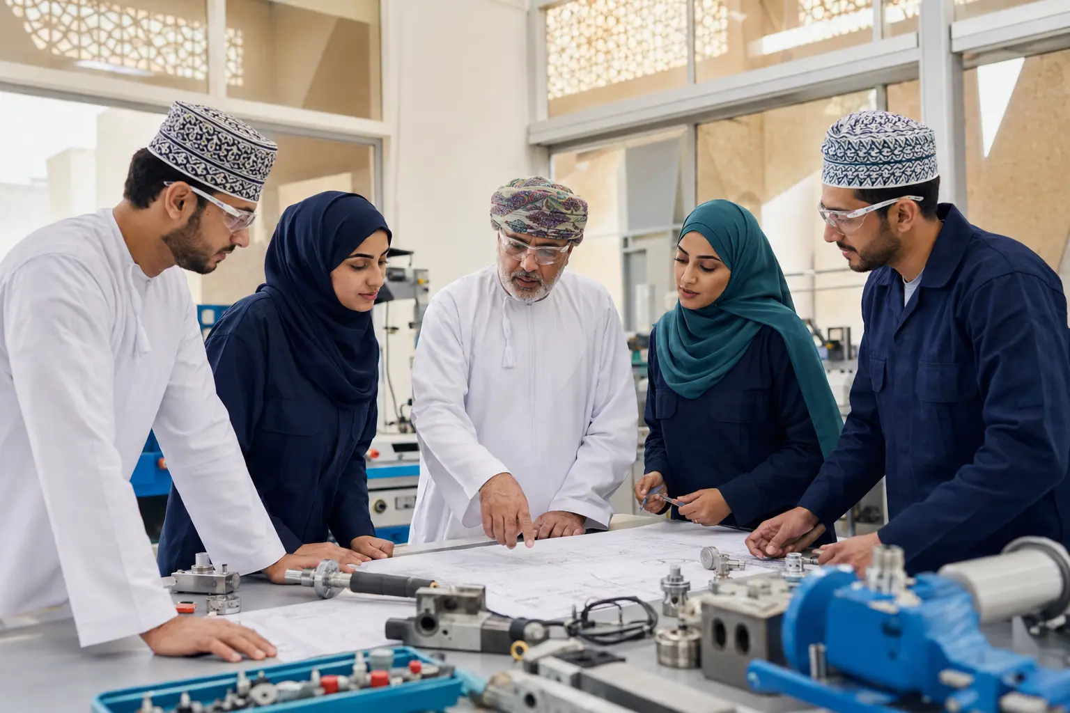 Omani engineering team learning together in a technical workshop