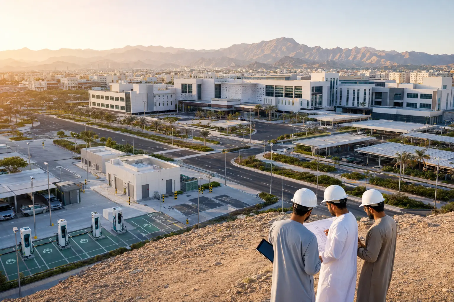 Modern Omani infrastructure and engineers surveying a development
